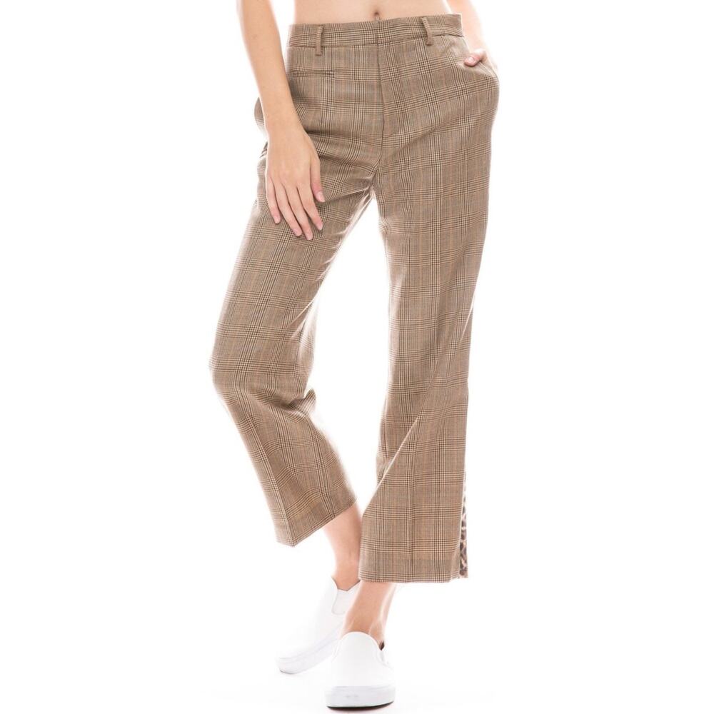 R13 Brown Glen Plaid Leopard Stripe Cropped Tuxedo Trouser Pants Wool 26 $595